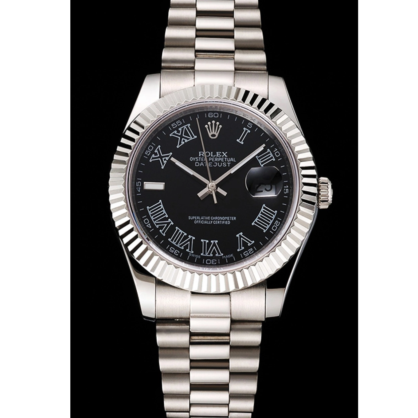 Aaa replica watch Roman Black Datejust Rolex Steel And Stainless Dial Swiss Bracelet Numerals Case 0527